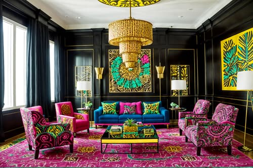 photo from pinterest of maximalist-style interior designed (hotel lobby interior) with sofas and hanging lamps and coffee tables and plant and check in desk and furniture and rug and lounge chairs. . with bold creativity and bold design and over-the-top aesthetic and bold patterns and playful and vibrant and eye-catching and more is more philosophy. . cinematic photo, highly detailed, cinematic lighting, ultra-detailed, ultrarealistic, photorealism, 8k. trending on pinterest. maximalist interior design style. masterpiece, cinematic light, ultrarealistic+, photorealistic+, 8k, raw photo, realistic, sharp focus on eyes, (symmetrical eyes), (intact eyes), hyperrealistic, highest quality, best quality, , highly detailed, masterpiece, best quality, extremely detailed 8k wallpaper, masterpiece, best quality, ultra-detailed, best shadow, detailed background, detailed face, detailed eyes, high contrast, best illumination, detailed face, dulux, caustic, dynamic angle, detailed glow. dramatic lighting. highly detailed, insanely detailed hair, symmetrical, intricate details, professionally retouched, 8k high definition. strong bokeh. award winning photo.