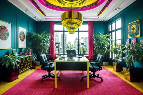 photo from pinterest of maximalist-style interior designed (office interior) with windows and desk lamps and computer desks and office desks and office chairs and lounge chairs and plants and cabinets. . with bold creativity and over-the-top aesthetic and more is more philosophy and bold design and playful and bold colors and vibrant and eye-catching. . cinematic photo, highly detailed, cinematic lighting, ultra-detailed, ultrarealistic, photorealism, 8k. trending on pinterest. maximalist interior design style. masterpiece, cinematic light, ultrarealistic+, photorealistic+, 8k, raw photo, realistic, sharp focus on eyes, (symmetrical eyes), (intact eyes), hyperrealistic, highest quality, best quality, , highly detailed, masterpiece, best quality, extremely detailed 8k wallpaper, masterpiece, best quality, ultra-detailed, best shadow, detailed background, detailed face, detailed eyes, high contrast, best illumination, detailed face, dulux, caustic, dynamic angle, detailed glow. dramatic lighting. highly detailed, insanely detailed hair, symmetrical, intricate details, professionally retouched, 8k high definition. strong bokeh. award winning photo.