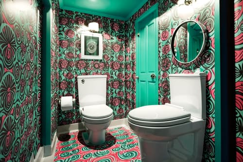 photo from pinterest of maximalist-style interior designed (toilet interior) with toilet with toilet seat up and sink with tap and toilet paper hanger and toilet with toilet seat up. . with playful and eye-catching and vibrant and over-the-top aesthetic and bold design and bold patterns and bold colors and more is more philosophy. . cinematic photo, highly detailed, cinematic lighting, ultra-detailed, ultrarealistic, photorealism, 8k. trending on pinterest. maximalist interior design style. masterpiece, cinematic light, ultrarealistic+, photorealistic+, 8k, raw photo, realistic, sharp focus on eyes, (symmetrical eyes), (intact eyes), hyperrealistic, highest quality, best quality, , highly detailed, masterpiece, best quality, extremely detailed 8k wallpaper, masterpiece, best quality, ultra-detailed, best shadow, detailed background, detailed face, detailed eyes, high contrast, best illumination, detailed face, dulux, caustic, dynamic angle, detailed glow. dramatic lighting. highly detailed, insanely detailed hair, symmetrical, intricate details, professionally retouched, 8k high definition. strong bokeh. award winning photo.