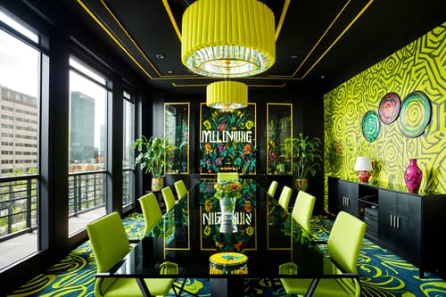 photo from pinterest of maximalist-style interior designed (meeting room interior) with glass walls and vase and cabinets and painting or photo on wall and office chairs and boardroom table and plant and glass doors. . with over-the-top aesthetic and bold patterns and more is more philosophy and vibrant and eye-catching and bold creativity and playful and bold design. . cinematic photo, highly detailed, cinematic lighting, ultra-detailed, ultrarealistic, photorealism, 8k. trending on pinterest. maximalist interior design style. masterpiece, cinematic light, ultrarealistic+, photorealistic+, 8k, raw photo, realistic, sharp focus on eyes, (symmetrical eyes), (intact eyes), hyperrealistic, highest quality, best quality, , highly detailed, masterpiece, best quality, extremely detailed 8k wallpaper, masterpiece, best quality, ultra-detailed, best shadow, detailed background, detailed face, detailed eyes, high contrast, best illumination, detailed face, dulux, caustic, dynamic angle, detailed glow. dramatic lighting. highly detailed, insanely detailed hair, symmetrical, intricate details, professionally retouched, 8k high definition. strong bokeh. award winning photo.