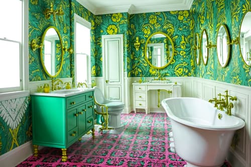 photo from pinterest of maximalist-style interior designed (bathroom interior) with bathtub and bathroom sink with faucet and bathroom cabinet and toilet seat and bath rail and shower and mirror and plant. . with vibrant and bold creativity and bold patterns and more is more philosophy and bold colors and over-the-top aesthetic and eye-catching and bold design. . cinematic photo, highly detailed, cinematic lighting, ultra-detailed, ultrarealistic, photorealism, 8k. trending on pinterest. maximalist interior design style. masterpiece, cinematic light, ultrarealistic+, photorealistic+, 8k, raw photo, realistic, sharp focus on eyes, (symmetrical eyes), (intact eyes), hyperrealistic, highest quality, best quality, , highly detailed, masterpiece, best quality, extremely detailed 8k wallpaper, masterpiece, best quality, ultra-detailed, best shadow, detailed background, detailed face, detailed eyes, high contrast, best illumination, detailed face, dulux, caustic, dynamic angle, detailed glow. dramatic lighting. highly detailed, insanely detailed hair, symmetrical, intricate details, professionally retouched, 8k high definition. strong bokeh. award winning photo.