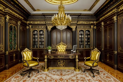 photo from pinterest of baroque-style interior designed (home office interior) with plant and desk lamp and computer desk and cabinets and office chair and plant. . with pedestal feet and opulent and colossal furniture and heavy moldings and dynamism and tension and movement and elaborate ornamentation and twisted columns. . cinematic photo, highly detailed, cinematic lighting, ultra-detailed, ultrarealistic, photorealism, 8k. trending on pinterest. baroque interior design style. masterpiece, cinematic light, ultrarealistic+, photorealistic+, 8k, raw photo, realistic, sharp focus on eyes, (symmetrical eyes), (intact eyes), hyperrealistic, highest quality, best quality, , highly detailed, masterpiece, best quality, extremely detailed 8k wallpaper, masterpiece, best quality, ultra-detailed, best shadow, detailed background, detailed face, detailed eyes, high contrast, best illumination, detailed face, dulux, caustic, dynamic angle, detailed glow. dramatic lighting. highly detailed, insanely detailed hair, symmetrical, intricate details, professionally retouched, 8k high definition. strong bokeh. award winning photo.