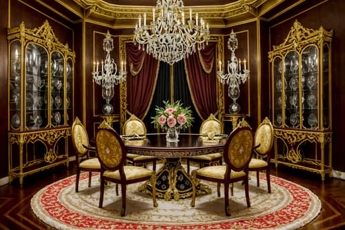 photo from pinterest of baroque-style interior designed (dining room interior) with vase and dining table and plates, cutlery and glasses on dining table and light or chandelier and table cloth and plant and bookshelves and dining table chairs. . with emotional exuberance and drama and heavy moldings and pedestal feet and elaborate ornamentation and luxurious floral and damask fabrics and crystal and glass accents and intricate carvings and ornaments. . cinematic photo, highly detailed, cinematic lighting, ultra-detailed, ultrarealistic, photorealism, 8k. trending on pinterest. baroque interior design style. masterpiece, cinematic light, ultrarealistic+, photorealistic+, 8k, raw photo, realistic, sharp focus on eyes, (symmetrical eyes), (intact eyes), hyperrealistic, highest quality, best quality, , highly detailed, masterpiece, best quality, extremely detailed 8k wallpaper, masterpiece, best quality, ultra-detailed, best shadow, detailed background, detailed face, detailed eyes, high contrast, best illumination, detailed face, dulux, caustic, dynamic angle, detailed glow. dramatic lighting. highly detailed, insanely detailed hair, symmetrical, intricate details, professionally retouched, 8k high definition. strong bokeh. award winning photo.