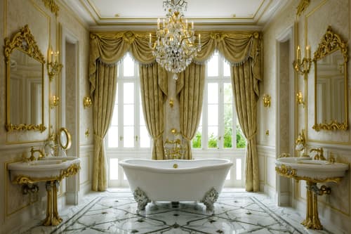 photo from pinterest of baroque-style interior designed (bathroom interior) with bath towel and mirror and bathtub and bathroom cabinet and bathroom sink with faucet and bath rail and shower and plant. . with luxurious floral and damask fabrics and heavy moldings and emotional exuberance and tension and crystal and glass accents and grandeur and pedestal feet and sensuous richness. . cinematic photo, highly detailed, cinematic lighting, ultra-detailed, ultrarealistic, photorealism, 8k. trending on pinterest. baroque interior design style. masterpiece, cinematic light, ultrarealistic+, photorealistic+, 8k, raw photo, realistic, sharp focus on eyes, (symmetrical eyes), (intact eyes), hyperrealistic, highest quality, best quality, , highly detailed, masterpiece, best quality, extremely detailed 8k wallpaper, masterpiece, best quality, ultra-detailed, best shadow, detailed background, detailed face, detailed eyes, high contrast, best illumination, detailed face, dulux, caustic, dynamic angle, detailed glow. dramatic lighting. highly detailed, insanely detailed hair, symmetrical, intricate details, professionally retouched, 8k high definition. strong bokeh. award winning photo.