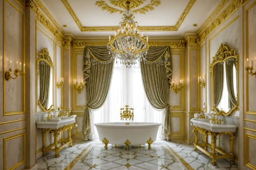 photo from pinterest of baroque-style interior designed (bathroom interior) with bath towel and mirror and bathtub and bathroom cabinet and bathroom sink with faucet and bath rail and shower and plant. . with luxurious floral and damask fabrics and heavy moldings and emotional exuberance and tension and crystal and glass accents and grandeur and pedestal feet and sensuous richness. . cinematic photo, highly detailed, cinematic lighting, ultra-detailed, ultrarealistic, photorealism, 8k. trending on pinterest. baroque interior design style. masterpiece, cinematic light, ultrarealistic+, photorealistic+, 8k, raw photo, realistic, sharp focus on eyes, (symmetrical eyes), (intact eyes), hyperrealistic, highest quality, best quality, , highly detailed, masterpiece, best quality, extremely detailed 8k wallpaper, masterpiece, best quality, ultra-detailed, best shadow, detailed background, detailed face, detailed eyes, high contrast, best illumination, detailed face, dulux, caustic, dynamic angle, detailed glow. dramatic lighting. highly detailed, insanely detailed hair, symmetrical, intricate details, professionally retouched, 8k high definition. strong bokeh. award winning photo.