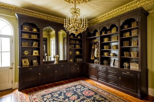 photo from pinterest of baroque-style interior designed (mudroom interior) with cubbies and storage baskets and storage drawers and wall hooks for coats and high up storage and cabinets and shelves for shoes and a bench. . with pedestal feet and drama and emotional exuberance and opulent and colossal furniture and movement and heavy moldings and luxurious floral and damask fabrics and expensive and plush flooring. . cinematic photo, highly detailed, cinematic lighting, ultra-detailed, ultrarealistic, photorealism, 8k. trending on pinterest. baroque interior design style. masterpiece, cinematic light, ultrarealistic+, photorealistic+, 8k, raw photo, realistic, sharp focus on eyes, (symmetrical eyes), (intact eyes), hyperrealistic, highest quality, best quality, , highly detailed, masterpiece, best quality, extremely detailed 8k wallpaper, masterpiece, best quality, ultra-detailed, best shadow, detailed background, detailed face, detailed eyes, high contrast, best illumination, detailed face, dulux, caustic, dynamic angle, detailed glow. dramatic lighting. highly detailed, insanely detailed hair, symmetrical, intricate details, professionally retouched, 8k high definition. strong bokeh. award winning photo.
