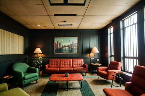 photo from pinterest of retro-style interior designed (coworking space interior) with lounge chairs and office desks and office chairs and seating area with sofa and lounge chairs. . . cinematic photo, highly detailed, cinematic lighting, ultra-detailed, ultrarealistic, photorealism, 8k. trending on pinterest. retro interior design style. masterpiece, cinematic light, ultrarealistic+, photorealistic+, 8k, raw photo, realistic, sharp focus on eyes, (symmetrical eyes), (intact eyes), hyperrealistic, highest quality, best quality, , highly detailed, masterpiece, best quality, extremely detailed 8k wallpaper, masterpiece, best quality, ultra-detailed, best shadow, detailed background, detailed face, detailed eyes, high contrast, best illumination, detailed face, dulux, caustic, dynamic angle, detailed glow. dramatic lighting. highly detailed, insanely detailed hair, symmetrical, intricate details, professionally retouched, 8k high definition. strong bokeh. award winning photo.