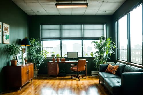 photo from pinterest of retro-style interior designed (office interior) with windows and computer desks and plants and desk lamps and office desks and seating area with sofa and office chairs and lounge chairs. . . cinematic photo, highly detailed, cinematic lighting, ultra-detailed, ultrarealistic, photorealism, 8k. trending on pinterest. retro interior design style. masterpiece, cinematic light, ultrarealistic+, photorealistic+, 8k, raw photo, realistic, sharp focus on eyes, (symmetrical eyes), (intact eyes), hyperrealistic, highest quality, best quality, , highly detailed, masterpiece, best quality, extremely detailed 8k wallpaper, masterpiece, best quality, ultra-detailed, best shadow, detailed background, detailed face, detailed eyes, high contrast, best illumination, detailed face, dulux, caustic, dynamic angle, detailed glow. dramatic lighting. highly detailed, insanely detailed hair, symmetrical, intricate details, professionally retouched, 8k high definition. strong bokeh. award winning photo.
