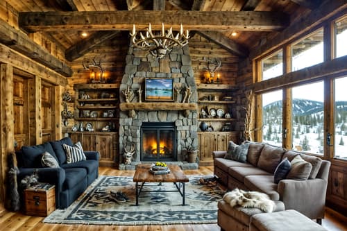 photo from pinterest of ski chalet-style interior designed (drop zone interior) with high up storage and wall hooks for coats and a bench and shelves for shoes and cabinets and cubbies and storage drawers and storage baskets. . with exposed construction beams and stone fireplace and animal furs and hanging wall elk antler and nature-inspired and exposed wood and wood beams and animal rugs. . cinematic photo, highly detailed, cinematic lighting, ultra-detailed, ultrarealistic, photorealism, 8k. trending on pinterest. ski chalet interior design style. masterpiece, cinematic light, ultrarealistic+, photorealistic+, 8k, raw photo, realistic, sharp focus on eyes, (symmetrical eyes), (intact eyes), hyperrealistic, highest quality, best quality, , highly detailed, masterpiece, best quality, extremely detailed 8k wallpaper, masterpiece, best quality, ultra-detailed, best shadow, detailed background, detailed face, detailed eyes, high contrast, best illumination, detailed face, dulux, caustic, dynamic angle, detailed glow. dramatic lighting. highly detailed, insanely detailed hair, symmetrical, intricate details, professionally retouched, 8k high definition. strong bokeh. award winning photo.