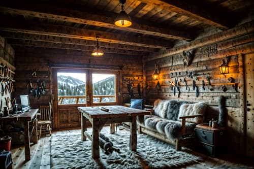 photo from pinterest of ski chalet-style interior designed (workshop interior) with wooden workbench and tool wall and messy and wooden workbench. . with wooden walls and exposed wood and ski-themed decor and animal furs and animal rugs and exposed construction beams and mountain-inspired and layered textiles. . cinematic photo, highly detailed, cinematic lighting, ultra-detailed, ultrarealistic, photorealism, 8k. trending on pinterest. ski chalet interior design style. masterpiece, cinematic light, ultrarealistic+, photorealistic+, 8k, raw photo, realistic, sharp focus on eyes, (symmetrical eyes), (intact eyes), hyperrealistic, highest quality, best quality, , highly detailed, masterpiece, best quality, extremely detailed 8k wallpaper, masterpiece, best quality, ultra-detailed, best shadow, detailed background, detailed face, detailed eyes, high contrast, best illumination, detailed face, dulux, caustic, dynamic angle, detailed glow. dramatic lighting. highly detailed, insanely detailed hair, symmetrical, intricate details, professionally retouched, 8k high definition. strong bokeh. award winning photo.