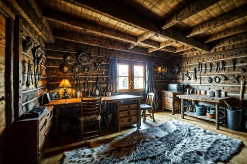 photo from pinterest of ski chalet-style interior designed (workshop interior) with wooden workbench and tool wall and messy and wooden workbench. . with wooden walls and exposed wood and ski-themed decor and animal furs and animal rugs and exposed construction beams and mountain-inspired and layered textiles. . cinematic photo, highly detailed, cinematic lighting, ultra-detailed, ultrarealistic, photorealism, 8k. trending on pinterest. ski chalet interior design style. masterpiece, cinematic light, ultrarealistic+, photorealistic+, 8k, raw photo, realistic, sharp focus on eyes, (symmetrical eyes), (intact eyes), hyperrealistic, highest quality, best quality, , highly detailed, masterpiece, best quality, extremely detailed 8k wallpaper, masterpiece, best quality, ultra-detailed, best shadow, detailed background, detailed face, detailed eyes, high contrast, best illumination, detailed face, dulux, caustic, dynamic angle, detailed glow. dramatic lighting. highly detailed, insanely detailed hair, symmetrical, intricate details, professionally retouched, 8k high definition. strong bokeh. award winning photo.