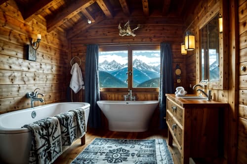 photo from pinterest of ski chalet-style interior designed (toilet interior) with sink with tap and toilet paper hanger and toilet with toilet seat up and sink with tap. . with exposed wood and richly patterned fabrics and exposed timber and animal furs and window with mountain views and animal rugs and layered textiles and mountain-inspired. . cinematic photo, highly detailed, cinematic lighting, ultra-detailed, ultrarealistic, photorealism, 8k. trending on pinterest. ski chalet interior design style. masterpiece, cinematic light, ultrarealistic+, photorealistic+, 8k, raw photo, realistic, sharp focus on eyes, (symmetrical eyes), (intact eyes), hyperrealistic, highest quality, best quality, , highly detailed, masterpiece, best quality, extremely detailed 8k wallpaper, masterpiece, best quality, ultra-detailed, best shadow, detailed background, detailed face, detailed eyes, high contrast, best illumination, detailed face, dulux, caustic, dynamic angle, detailed glow. dramatic lighting. highly detailed, insanely detailed hair, symmetrical, intricate details, professionally retouched, 8k high definition. strong bokeh. award winning photo.