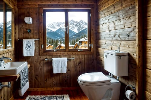 photo from pinterest of ski chalet-style interior designed (toilet interior) with sink with tap and toilet paper hanger and toilet with toilet seat up and sink with tap. . with exposed wood and richly patterned fabrics and exposed timber and animal furs and window with mountain views and animal rugs and layered textiles and mountain-inspired. . cinematic photo, highly detailed, cinematic lighting, ultra-detailed, ultrarealistic, photorealism, 8k. trending on pinterest. ski chalet interior design style. masterpiece, cinematic light, ultrarealistic+, photorealistic+, 8k, raw photo, realistic, sharp focus on eyes, (symmetrical eyes), (intact eyes), hyperrealistic, highest quality, best quality, , highly detailed, masterpiece, best quality, extremely detailed 8k wallpaper, masterpiece, best quality, ultra-detailed, best shadow, detailed background, detailed face, detailed eyes, high contrast, best illumination, detailed face, dulux, caustic, dynamic angle, detailed glow. dramatic lighting. highly detailed, insanely detailed hair, symmetrical, intricate details, professionally retouched, 8k high definition. strong bokeh. award winning photo.