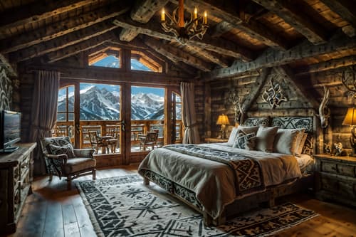 photo from pinterest of ski chalet-style interior designed (attic interior) . with mountain-inspired and animal motifs and exposed construction beams and richly patterned fabrics and hanging wall elk antler and decorative carving and mouldings and wood beams and nature-inspired. . cinematic photo, highly detailed, cinematic lighting, ultra-detailed, ultrarealistic, photorealism, 8k. trending on pinterest. ski chalet interior design style. masterpiece, cinematic light, ultrarealistic+, photorealistic+, 8k, raw photo, realistic, sharp focus on eyes, (symmetrical eyes), (intact eyes), hyperrealistic, highest quality, best quality, , highly detailed, masterpiece, best quality, extremely detailed 8k wallpaper, masterpiece, best quality, ultra-detailed, best shadow, detailed background, detailed face, detailed eyes, high contrast, best illumination, detailed face, dulux, caustic, dynamic angle, detailed glow. dramatic lighting. highly detailed, insanely detailed hair, symmetrical, intricate details, professionally retouched, 8k high definition. strong bokeh. award winning photo.