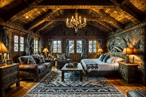photo from pinterest of ski chalet-style interior designed (attic interior) . with mountain-inspired and animal motifs and exposed construction beams and richly patterned fabrics and hanging wall elk antler and decorative carving and mouldings and wood beams and nature-inspired. . cinematic photo, highly detailed, cinematic lighting, ultra-detailed, ultrarealistic, photorealism, 8k. trending on pinterest. ski chalet interior design style. masterpiece, cinematic light, ultrarealistic+, photorealistic+, 8k, raw photo, realistic, sharp focus on eyes, (symmetrical eyes), (intact eyes), hyperrealistic, highest quality, best quality, , highly detailed, masterpiece, best quality, extremely detailed 8k wallpaper, masterpiece, best quality, ultra-detailed, best shadow, detailed background, detailed face, detailed eyes, high contrast, best illumination, detailed face, dulux, caustic, dynamic angle, detailed glow. dramatic lighting. highly detailed, insanely detailed hair, symmetrical, intricate details, professionally retouched, 8k high definition. strong bokeh. award winning photo.