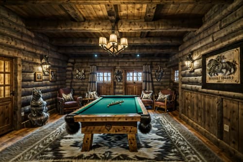 photo from pinterest of ski chalet-style interior designed (gaming room interior) . with animal furs and animal motifs and nature-inspired and exposed timber and wood beams and wooden walls and rustic and richly patterned fabrics. . cinematic photo, highly detailed, cinematic lighting, ultra-detailed, ultrarealistic, photorealism, 8k. trending on pinterest. ski chalet interior design style. masterpiece, cinematic light, ultrarealistic+, photorealistic+, 8k, raw photo, realistic, sharp focus on eyes, (symmetrical eyes), (intact eyes), hyperrealistic, highest quality, best quality, , highly detailed, masterpiece, best quality, extremely detailed 8k wallpaper, masterpiece, best quality, ultra-detailed, best shadow, detailed background, detailed face, detailed eyes, high contrast, best illumination, detailed face, dulux, caustic, dynamic angle, detailed glow. dramatic lighting. highly detailed, insanely detailed hair, symmetrical, intricate details, professionally retouched, 8k high definition. strong bokeh. award winning photo.