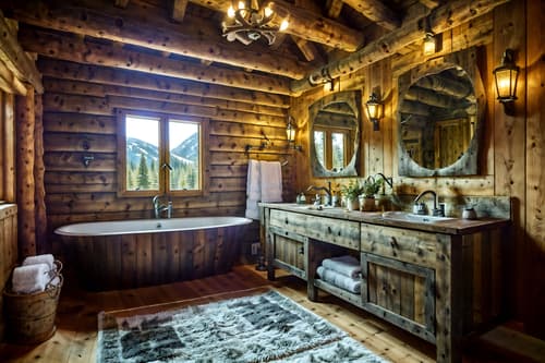 photo from pinterest of ski chalet-style interior designed (bathroom interior) with mirror and bathroom sink with faucet and bathtub and toilet seat and plant and bathroom cabinet and bath towel and waste basket. . with nature-inspired and hanging wall elk antler and animal rugs and exposed timber and wooden walls and exposed construction beams and exposed wood and animal furs. . cinematic photo, highly detailed, cinematic lighting, ultra-detailed, ultrarealistic, photorealism, 8k. trending on pinterest. ski chalet interior design style. masterpiece, cinematic light, ultrarealistic+, photorealistic+, 8k, raw photo, realistic, sharp focus on eyes, (symmetrical eyes), (intact eyes), hyperrealistic, highest quality, best quality, , highly detailed, masterpiece, best quality, extremely detailed 8k wallpaper, masterpiece, best quality, ultra-detailed, best shadow, detailed background, detailed face, detailed eyes, high contrast, best illumination, detailed face, dulux, caustic, dynamic angle, detailed glow. dramatic lighting. highly detailed, insanely detailed hair, symmetrical, intricate details, professionally retouched, 8k high definition. strong bokeh. award winning photo.