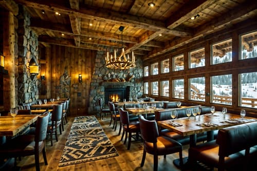 photo from pinterest of ski chalet-style interior designed (restaurant interior) with restaurant dining tables and restaurant decor and restaurant chairs and restaurant bar and restaurant dining tables. . with ski-themed decor and richly patterned fabrics and layered textiles and animal motifs and animal furs and rustic and stone fireplace and hanging wall elk antler. . cinematic photo, highly detailed, cinematic lighting, ultra-detailed, ultrarealistic, photorealism, 8k. trending on pinterest. ski chalet interior design style. masterpiece, cinematic light, ultrarealistic+, photorealistic+, 8k, raw photo, realistic, sharp focus on eyes, (symmetrical eyes), (intact eyes), hyperrealistic, highest quality, best quality, , highly detailed, masterpiece, best quality, extremely detailed 8k wallpaper, masterpiece, best quality, ultra-detailed, best shadow, detailed background, detailed face, detailed eyes, high contrast, best illumination, detailed face, dulux, caustic, dynamic angle, detailed glow. dramatic lighting. highly detailed, insanely detailed hair, symmetrical, intricate details, professionally retouched, 8k high definition. strong bokeh. award winning photo.