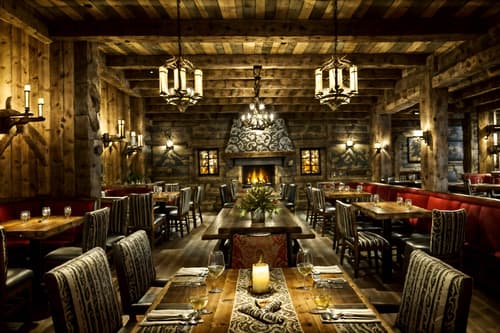 photo from pinterest of ski chalet-style interior designed (restaurant interior) with restaurant dining tables and restaurant decor and restaurant chairs and restaurant bar and restaurant dining tables. . with ski-themed decor and richly patterned fabrics and layered textiles and animal motifs and animal furs and rustic and stone fireplace and hanging wall elk antler. . cinematic photo, highly detailed, cinematic lighting, ultra-detailed, ultrarealistic, photorealism, 8k. trending on pinterest. ski chalet interior design style. masterpiece, cinematic light, ultrarealistic+, photorealistic+, 8k, raw photo, realistic, sharp focus on eyes, (symmetrical eyes), (intact eyes), hyperrealistic, highest quality, best quality, , highly detailed, masterpiece, best quality, extremely detailed 8k wallpaper, masterpiece, best quality, ultra-detailed, best shadow, detailed background, detailed face, detailed eyes, high contrast, best illumination, detailed face, dulux, caustic, dynamic angle, detailed glow. dramatic lighting. highly detailed, insanely detailed hair, symmetrical, intricate details, professionally retouched, 8k high definition. strong bokeh. award winning photo.