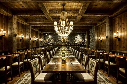 photo from pinterest of ski chalet-style interior designed (restaurant interior) with restaurant dining tables and restaurant decor and restaurant chairs and restaurant bar and restaurant dining tables. . with ski-themed decor and richly patterned fabrics and layered textiles and animal motifs and animal furs and rustic and stone fireplace and hanging wall elk antler. . cinematic photo, highly detailed, cinematic lighting, ultra-detailed, ultrarealistic, photorealism, 8k. trending on pinterest. ski chalet interior design style. masterpiece, cinematic light, ultrarealistic+, photorealistic+, 8k, raw photo, realistic, sharp focus on eyes, (symmetrical eyes), (intact eyes), hyperrealistic, highest quality, best quality, , highly detailed, masterpiece, best quality, extremely detailed 8k wallpaper, masterpiece, best quality, ultra-detailed, best shadow, detailed background, detailed face, detailed eyes, high contrast, best illumination, detailed face, dulux, caustic, dynamic angle, detailed glow. dramatic lighting. highly detailed, insanely detailed hair, symmetrical, intricate details, professionally retouched, 8k high definition. strong bokeh. award winning photo.
