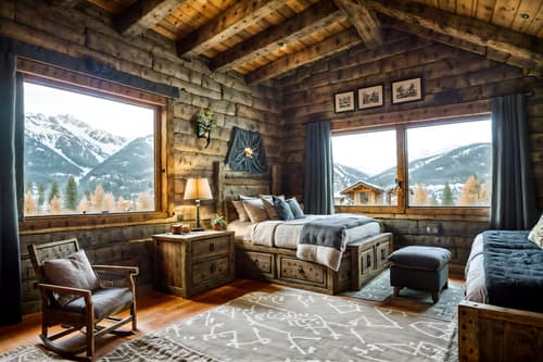 photo from pinterest of ski chalet-style interior designed (kids room interior) with storage bench or ottoman and kids desk and accent chair and headboard and night light and plant and bedside table or night stand and bed. . with rustic and wooden walls and layered textiles and exposed construction beams and stone fireplace and stone fireplace and wood beams and window with mountain views. . cinematic photo, highly detailed, cinematic lighting, ultra-detailed, ultrarealistic, photorealism, 8k. trending on pinterest. ski chalet interior design style. masterpiece, cinematic light, ultrarealistic+, photorealistic+, 8k, raw photo, realistic, sharp focus on eyes, (symmetrical eyes), (intact eyes), hyperrealistic, highest quality, best quality, , highly detailed, masterpiece, best quality, extremely detailed 8k wallpaper, masterpiece, best quality, ultra-detailed, best shadow, detailed background, detailed face, detailed eyes, high contrast, best illumination, detailed face, dulux, caustic, dynamic angle, detailed glow. dramatic lighting. highly detailed, insanely detailed hair, symmetrical, intricate details, professionally retouched, 8k high definition. strong bokeh. award winning photo.