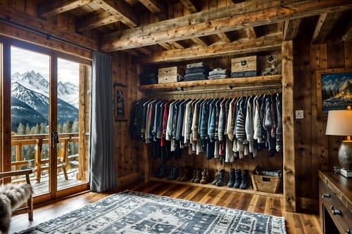 photo from pinterest of ski chalet-style interior designed (walk in closet interior) . with exposed timber and window with mountain views and layered textiles and exposed construction beams and animal furs and ski-themed decor and animal rugs and hanging wall elk antler. . cinematic photo, highly detailed, cinematic lighting, ultra-detailed, ultrarealistic, photorealism, 8k. trending on pinterest. ski chalet interior design style. masterpiece, cinematic light, ultrarealistic+, photorealistic+, 8k, raw photo, realistic, sharp focus on eyes, (symmetrical eyes), (intact eyes), hyperrealistic, highest quality, best quality, , highly detailed, masterpiece, best quality, extremely detailed 8k wallpaper, masterpiece, best quality, ultra-detailed, best shadow, detailed background, detailed face, detailed eyes, high contrast, best illumination, detailed face, dulux, caustic, dynamic angle, detailed glow. dramatic lighting. highly detailed, insanely detailed hair, symmetrical, intricate details, professionally retouched, 8k high definition. strong bokeh. award winning photo.