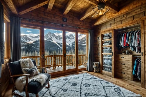 photo from pinterest of ski chalet-style interior designed (walk in closet interior) . with exposed timber and window with mountain views and layered textiles and exposed construction beams and animal furs and ski-themed decor and animal rugs and hanging wall elk antler. . cinematic photo, highly detailed, cinematic lighting, ultra-detailed, ultrarealistic, photorealism, 8k. trending on pinterest. ski chalet interior design style. masterpiece, cinematic light, ultrarealistic+, photorealistic+, 8k, raw photo, realistic, sharp focus on eyes, (symmetrical eyes), (intact eyes), hyperrealistic, highest quality, best quality, , highly detailed, masterpiece, best quality, extremely detailed 8k wallpaper, masterpiece, best quality, ultra-detailed, best shadow, detailed background, detailed face, detailed eyes, high contrast, best illumination, detailed face, dulux, caustic, dynamic angle, detailed glow. dramatic lighting. highly detailed, insanely detailed hair, symmetrical, intricate details, professionally retouched, 8k high definition. strong bokeh. award winning photo.