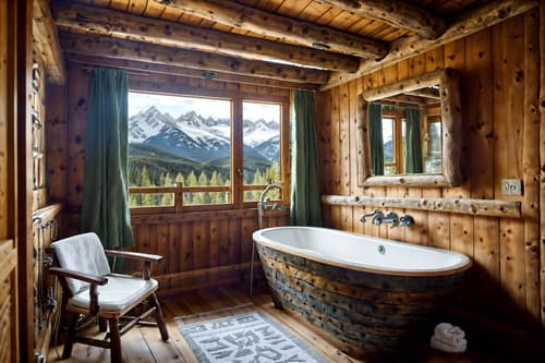 photo from pinterest of ski chalet-style interior designed (hotel bathroom interior) with bathtub and plant and bath rail and shower and bathroom cabinet and bathroom sink with faucet and mirror and waste basket. . with animal motifs and exposed construction beams and window with mountain views and mountain-inspired and richly patterned fabrics and wooden logs and wood beams and stone fireplace. . cinematic photo, highly detailed, cinematic lighting, ultra-detailed, ultrarealistic, photorealism, 8k. trending on pinterest. ski chalet interior design style. masterpiece, cinematic light, ultrarealistic+, photorealistic+, 8k, raw photo, realistic, sharp focus on eyes, (symmetrical eyes), (intact eyes), hyperrealistic, highest quality, best quality, , highly detailed, masterpiece, best quality, extremely detailed 8k wallpaper, masterpiece, best quality, ultra-detailed, best shadow, detailed background, detailed face, detailed eyes, high contrast, best illumination, detailed face, dulux, caustic, dynamic angle, detailed glow. dramatic lighting. highly detailed, insanely detailed hair, symmetrical, intricate details, professionally retouched, 8k high definition. strong bokeh. award winning photo.