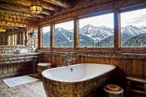 photo from pinterest of ski chalet-style interior designed (hotel bathroom interior) with bathtub and plant and bath rail and shower and bathroom cabinet and bathroom sink with faucet and mirror and waste basket. . with animal motifs and exposed construction beams and window with mountain views and mountain-inspired and richly patterned fabrics and wooden logs and wood beams and stone fireplace. . cinematic photo, highly detailed, cinematic lighting, ultra-detailed, ultrarealistic, photorealism, 8k. trending on pinterest. ski chalet interior design style. masterpiece, cinematic light, ultrarealistic+, photorealistic+, 8k, raw photo, realistic, sharp focus on eyes, (symmetrical eyes), (intact eyes), hyperrealistic, highest quality, best quality, , highly detailed, masterpiece, best quality, extremely detailed 8k wallpaper, masterpiece, best quality, ultra-detailed, best shadow, detailed background, detailed face, detailed eyes, high contrast, best illumination, detailed face, dulux, caustic, dynamic angle, detailed glow. dramatic lighting. highly detailed, insanely detailed hair, symmetrical, intricate details, professionally retouched, 8k high definition. strong bokeh. award winning photo.