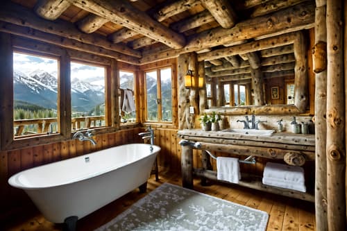 photo from pinterest of ski chalet-style interior designed (hotel bathroom interior) with bathtub and plant and bath rail and shower and bathroom cabinet and bathroom sink with faucet and mirror and waste basket. . with animal motifs and exposed construction beams and window with mountain views and mountain-inspired and richly patterned fabrics and wooden logs and wood beams and stone fireplace. . cinematic photo, highly detailed, cinematic lighting, ultra-detailed, ultrarealistic, photorealism, 8k. trending on pinterest. ski chalet interior design style. masterpiece, cinematic light, ultrarealistic+, photorealistic+, 8k, raw photo, realistic, sharp focus on eyes, (symmetrical eyes), (intact eyes), hyperrealistic, highest quality, best quality, , highly detailed, masterpiece, best quality, extremely detailed 8k wallpaper, masterpiece, best quality, ultra-detailed, best shadow, detailed background, detailed face, detailed eyes, high contrast, best illumination, detailed face, dulux, caustic, dynamic angle, detailed glow. dramatic lighting. highly detailed, insanely detailed hair, symmetrical, intricate details, professionally retouched, 8k high definition. strong bokeh. award winning photo.