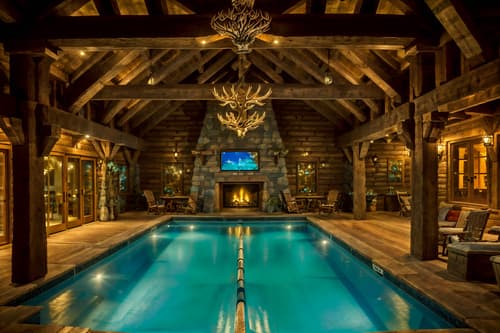 photo from pinterest of ski chalet-style designed (outdoor pool area ) with pool lights and pool and pool lounge chairs and pool lights. . with decorative carving and mouldings and layered textiles and hanging wall elk antler and exposed timber and mountain-inspired and wood beams and ski-themed decor and stone fireplace. . cinematic photo, highly detailed, cinematic lighting, ultra-detailed, ultrarealistic, photorealism, 8k. trending on pinterest. ski chalet design style. masterpiece, cinematic light, ultrarealistic+, photorealistic+, 8k, raw photo, realistic, sharp focus on eyes, (symmetrical eyes), (intact eyes), hyperrealistic, highest quality, best quality, , highly detailed, masterpiece, best quality, extremely detailed 8k wallpaper, masterpiece, best quality, ultra-detailed, best shadow, detailed background, detailed face, detailed eyes, high contrast, best illumination, detailed face, dulux, caustic, dynamic angle, detailed glow. dramatic lighting. highly detailed, insanely detailed hair, symmetrical, intricate details, professionally retouched, 8k high definition. strong bokeh. award winning photo.