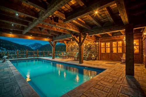 photo from pinterest of ski chalet-style designed (outdoor pool area ) with pool lights and pool and pool lounge chairs and pool lights. . with decorative carving and mouldings and layered textiles and hanging wall elk antler and exposed timber and mountain-inspired and wood beams and ski-themed decor and stone fireplace. . cinematic photo, highly detailed, cinematic lighting, ultra-detailed, ultrarealistic, photorealism, 8k. trending on pinterest. ski chalet design style. masterpiece, cinematic light, ultrarealistic+, photorealistic+, 8k, raw photo, realistic, sharp focus on eyes, (symmetrical eyes), (intact eyes), hyperrealistic, highest quality, best quality, , highly detailed, masterpiece, best quality, extremely detailed 8k wallpaper, masterpiece, best quality, ultra-detailed, best shadow, detailed background, detailed face, detailed eyes, high contrast, best illumination, detailed face, dulux, caustic, dynamic angle, detailed glow. dramatic lighting. highly detailed, insanely detailed hair, symmetrical, intricate details, professionally retouched, 8k high definition. strong bokeh. award winning photo.