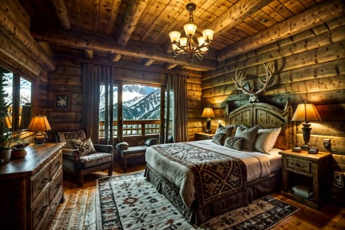 photo from pinterest of ski chalet-style interior designed (hotel room interior) with plant and mirror and bed and hotel bathroom and dresser closet and storage bench or ottoman and headboard and night light. . with mountain-inspired and exposed wood and rustic and decorative carving and mouldings and ski-themed decor and animal rugs and richly patterned fabrics and hanging wall elk antler. . cinematic photo, highly detailed, cinematic lighting, ultra-detailed, ultrarealistic, photorealism, 8k. trending on pinterest. ski chalet interior design style. masterpiece, cinematic light, ultrarealistic+, photorealistic+, 8k, raw photo, realistic, sharp focus on eyes, (symmetrical eyes), (intact eyes), hyperrealistic, highest quality, best quality, , highly detailed, masterpiece, best quality, extremely detailed 8k wallpaper, masterpiece, best quality, ultra-detailed, best shadow, detailed background, detailed face, detailed eyes, high contrast, best illumination, detailed face, dulux, caustic, dynamic angle, detailed glow. dramatic lighting. highly detailed, insanely detailed hair, symmetrical, intricate details, professionally retouched, 8k high definition. strong bokeh. award winning photo.