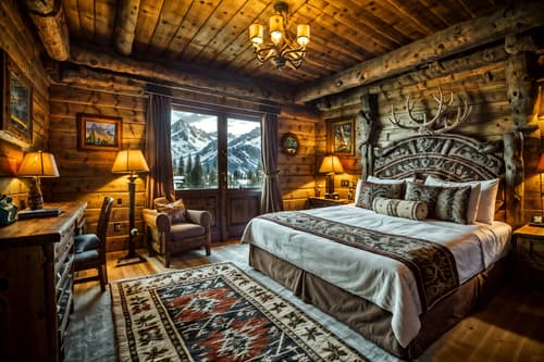 photo from pinterest of ski chalet-style interior designed (hotel room interior) with plant and mirror and bed and hotel bathroom and dresser closet and storage bench or ottoman and headboard and night light. . with mountain-inspired and exposed wood and rustic and decorative carving and mouldings and ski-themed decor and animal rugs and richly patterned fabrics and hanging wall elk antler. . cinematic photo, highly detailed, cinematic lighting, ultra-detailed, ultrarealistic, photorealism, 8k. trending on pinterest. ski chalet interior design style. masterpiece, cinematic light, ultrarealistic+, photorealistic+, 8k, raw photo, realistic, sharp focus on eyes, (symmetrical eyes), (intact eyes), hyperrealistic, highest quality, best quality, , highly detailed, masterpiece, best quality, extremely detailed 8k wallpaper, masterpiece, best quality, ultra-detailed, best shadow, detailed background, detailed face, detailed eyes, high contrast, best illumination, detailed face, dulux, caustic, dynamic angle, detailed glow. dramatic lighting. highly detailed, insanely detailed hair, symmetrical, intricate details, professionally retouched, 8k high definition. strong bokeh. award winning photo.