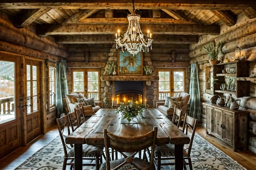 photo from pinterest of ski chalet-style interior designed (dining room interior) with light or chandelier and vase and plates, cutlery and glasses on dining table and painting or photo on wall and table cloth and dining table chairs and plant and bookshelves. . with exposed construction beams and layered textiles and animal motifs and wooden logs and exposed timber and stone fireplace and exposed wood and wood beams. . cinematic photo, highly detailed, cinematic lighting, ultra-detailed, ultrarealistic, photorealism, 8k. trending on pinterest. ski chalet interior design style. masterpiece, cinematic light, ultrarealistic+, photorealistic+, 8k, raw photo, realistic, sharp focus on eyes, (symmetrical eyes), (intact eyes), hyperrealistic, highest quality, best quality, , highly detailed, masterpiece, best quality, extremely detailed 8k wallpaper, masterpiece, best quality, ultra-detailed, best shadow, detailed background, detailed face, detailed eyes, high contrast, best illumination, detailed face, dulux, caustic, dynamic angle, detailed glow. dramatic lighting. highly detailed, insanely detailed hair, symmetrical, intricate details, professionally retouched, 8k high definition. strong bokeh. award winning photo.