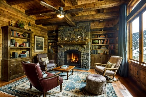 photo from pinterest of ski chalet-style interior designed (study room interior) with bookshelves and desk lamp and lounge chair and office chair and writing desk and plant and cabinets and bookshelves. . with stone fireplace and wooden walls and hanging wall elk antler and exposed wood and layered textiles and exposed construction beams and animal rugs and nature-inspired. . cinematic photo, highly detailed, cinematic lighting, ultra-detailed, ultrarealistic, photorealism, 8k. trending on pinterest. ski chalet interior design style. masterpiece, cinematic light, ultrarealistic+, photorealistic+, 8k, raw photo, realistic, sharp focus on eyes, (symmetrical eyes), (intact eyes), hyperrealistic, highest quality, best quality, , highly detailed, masterpiece, best quality, extremely detailed 8k wallpaper, masterpiece, best quality, ultra-detailed, best shadow, detailed background, detailed face, detailed eyes, high contrast, best illumination, detailed face, dulux, caustic, dynamic angle, detailed glow. dramatic lighting. highly detailed, insanely detailed hair, symmetrical, intricate details, professionally retouched, 8k high definition. strong bokeh. award winning photo.