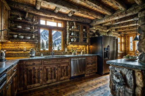 photo from pinterest of ski chalet-style interior designed (kitchen interior) with sink and kitchen cabinets and plant and stove and refrigerator and worktops and sink. . with animal furs and stone fireplace and stone fireplace and window with mountain views and exposed timber and wood beams and wooden logs and hanging wall elk antler. . cinematic photo, highly detailed, cinematic lighting, ultra-detailed, ultrarealistic, photorealism, 8k. trending on pinterest. ski chalet interior design style. masterpiece, cinematic light, ultrarealistic+, photorealistic+, 8k, raw photo, realistic, sharp focus on eyes, (symmetrical eyes), (intact eyes), hyperrealistic, highest quality, best quality, , highly detailed, masterpiece, best quality, extremely detailed 8k wallpaper, masterpiece, best quality, ultra-detailed, best shadow, detailed background, detailed face, detailed eyes, high contrast, best illumination, detailed face, dulux, caustic, dynamic angle, detailed glow. dramatic lighting. highly detailed, insanely detailed hair, symmetrical, intricate details, professionally retouched, 8k high definition. strong bokeh. award winning photo.