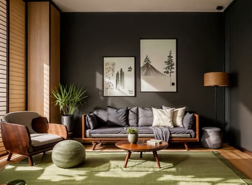 Photo from Pinterest of Zen-style interior designed (bedroom interior) With storage bench or ottoman and bed and accent chair and headboard and bedside table or night stand and night light and mirror and plant. . With natural light and serenity and harmony and clutter free and clean lines and mimimalist and Asian zen interior and Japanese minimalist interior and Japanese interior. . Cinematic photo, highly detailed, cinematic lighting, ultra-detailed, ultrarealistic, photorealism, 8k. Trending on Pinterest. Zen interior design style