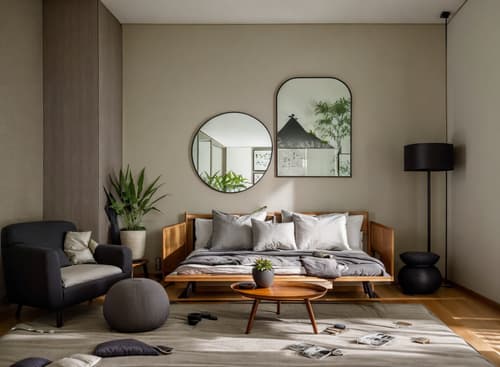 Photo from Pinterest of Zen-style interior designed (bedroom interior) With storage bench or ottoman and bed and accent chair and headboard and bedside table or night stand and night light and mirror and plant. . With natural light and serenity and harmony and clutter free and clean lines and mimimalist and Asian zen interior and Japanese minimalist interior and Japanese interior. . Cinematic photo, highly detailed, cinematic lighting, ultra-detailed, ultrarealistic, photorealism, 8k. Trending on Pinterest. Zen interior design style