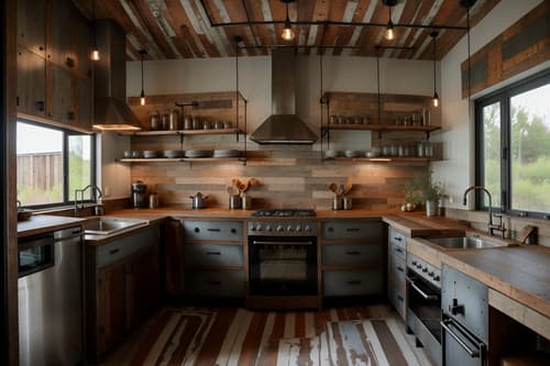 Photo from Pinterest of Industrial-style interior designed kitchen home interior With reclaimed wood and neutral tones and metal panels and raw aesthetic and utilitarian objects and exposed brick and exposed concrete and exposed rafters. With stove and sink and plant and refrigerator and worktops and kitchen cabinets. Cinematic photo, highly detailed, cinematic lighting, ultra-detailed, ultrarealistic, photorealism, 8k. Trending on Pinterest. Industrial interior design style