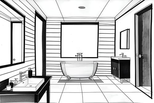 (Hand-drawn monochrome black and white sketch line drawing)++ of Sketch-style interior designed (bath room) apartment interior. A sketch of interior. With . A sketch of interior. With mirror and bathroom sink with faucet and bathtub. Trending on Artstation. Black and white line drawing sketch without colors.