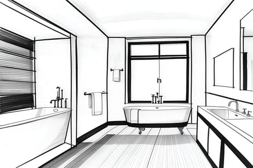 (Hand-drawn monochrome black and white sketch line drawing)++ of Sketch-style interior designed (bath room) apartment interior. A sketch of interior. With . A sketch of interior. With mirror and bathroom sink with faucet and bathtub. Trending on Artstation. Black and white line drawing sketch without colors.