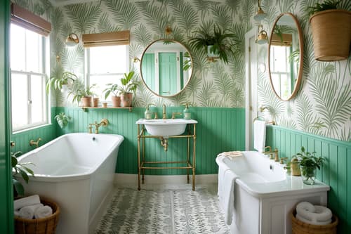 Photo from Pinterest of Bohemian-style interior designed bath room home interior With lush green nature and playful patterns and a lack of structure and metals and bold patterns and natural materials and carefree layers of pattern, texture, and color and playful textures. With mirror and bathroom sink with faucet and bathtub and waste basket and toilet seat and bath towel and plant and bathroom cabinet and bath rail and shower. Cinematic photo, highly detailed, cinematic lighting, ultra-detailed, ultrarealistic, photorealism, 8k. Trending on Pinterest. Bohemian interior design style