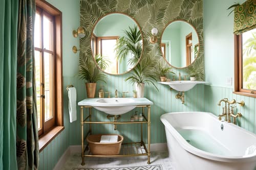 Photo from Pinterest of Bohemian-style interior designed bath room home interior With lush green nature and playful patterns and a lack of structure and metals and bold patterns and natural materials and carefree layers of pattern, texture, and color and playful textures. With mirror and bathroom sink with faucet and bathtub and waste basket and toilet seat and bath towel and plant and bathroom cabinet and bath rail and shower. Cinematic photo, highly detailed, cinematic lighting, ultra-detailed, ultrarealistic, photorealism, 8k. Trending on Pinterest. Bohemian interior design style