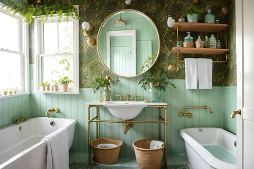 Photo from Pinterest of Bohemian-style interior designed bath room home interior With lush green nature and playful patterns and a lack of structure and metals and bold patterns and natural materials and carefree layers of pattern, texture, and color and playful textures. With mirror and bathroom sink with faucet and bathtub and waste basket and toilet seat and bath towel and plant and bathroom cabinet and bath rail and shower. Cinematic photo, highly detailed, cinematic lighting, ultra-detailed, ultrarealistic, photorealism, 8k. Trending on Pinterest. Bohemian interior design style