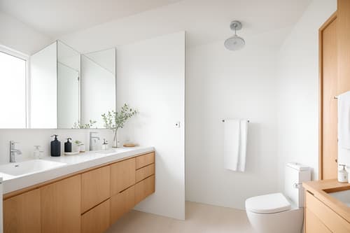 Photo from Pinterest of Airbnb-style interior designed bath room home interior With Simple, Clean Lines and Simplistic Furniture and Practicality and Functionality and Natural Materials and Elements and Scandinavian style and Simple Color Palette and Open and Natural Lighting and Neutral Walls and Textures and Simple, Clean Lines and Simplistic Furniture. With mirror and bathroom sink with faucet and bathtub and waste basket and toilet seat and bath towel and plant and bathroom cabinet and bath rail and shower. Cinematic photo, highly detailed, cinematic lighting, ultra-detailed, ultrarealistic, photorealism, 8k. Trending on Pinterest. Airbnb interior design style