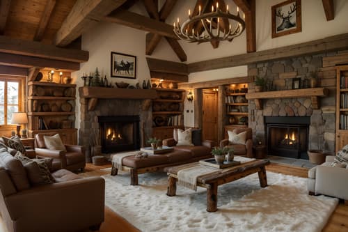 Photo from Pinterest of Ski chalet-style interior designed living room home interior With hanging wall elk antler and exposed construction beams and stone fireplace and animal rugs and wooden logs and rustic and layered textiles and animal motifs. With sofa and chairs and occasional tables and coffee tables and bookshelves and televisions and electric lamps and rug and plant and furniture. Cinematic photo, highly detailed, cinematic lighting, ultra-detailed, ultrarealistic, photorealism, 8k. Trending on Pinterest. Ski chalet interior design style