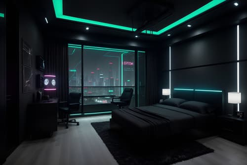 Photo from Pinterest of Cyberpunk-style interior designed bedroom home interior With military uniforms and gear and dark night and led lights and futuristic cybernetic city and synthetic objects and clean straight square lines and strong geometric walls and synthwave. With bed and headboard and bedside table or night stand and dresser closet and plant and storage bench or ottoman and accent chair and night light and mirror. Cinematic photo, highly detailed, cinematic lighting, ultra-detailed, ultrarealistic, photorealism, 8k. Trending on Pinterest. Cyberpunk interior design style