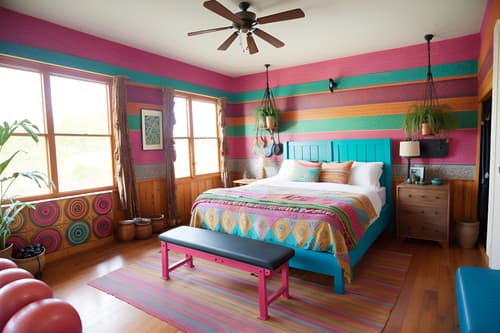 Photo from Pinterest of Bohemian-style interior designed (gym) home interior With bench press and squat rack and dumbbell stand and exercise bicycle and crosstrainer and bench press. . With mixed patterns and playful colors and carefree layers of pattern, texture, and color and bold colors and playful textures and playful patterns and travel trinkets and natural materials. . Cinematic photo, highly detailed, cinematic lighting, ultra-detailed, ultrarealistic, photorealism, 8k. Trending on Pinterest. Bohemian interior design style