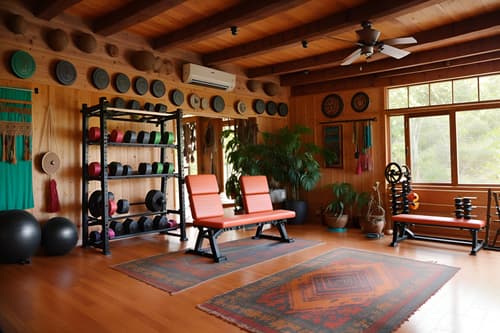 Photo from Pinterest of Bohemian-style interior designed (gym) home interior With crosstrainer and squat rack and exercise bicycle and bench press and dumbbell stand and crosstrainer. . With bold colors and playful colors and woods and mixed patterns and playful textures and travel trinkets and natural materials and a lack of structure. . Cinematic photo, highly detailed, cinematic lighting, ultra-detailed, ultrarealistic, photorealism, 8k. Trending on Pinterest. Bohemian interior design style